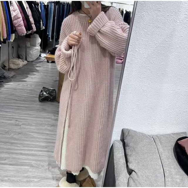 Muezz - Round Neck Plain Slit Midi Sweater Dress | YesStyle