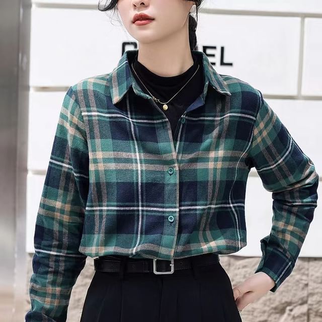 Everose-Long-Sleeve Collared Plaid Shirt