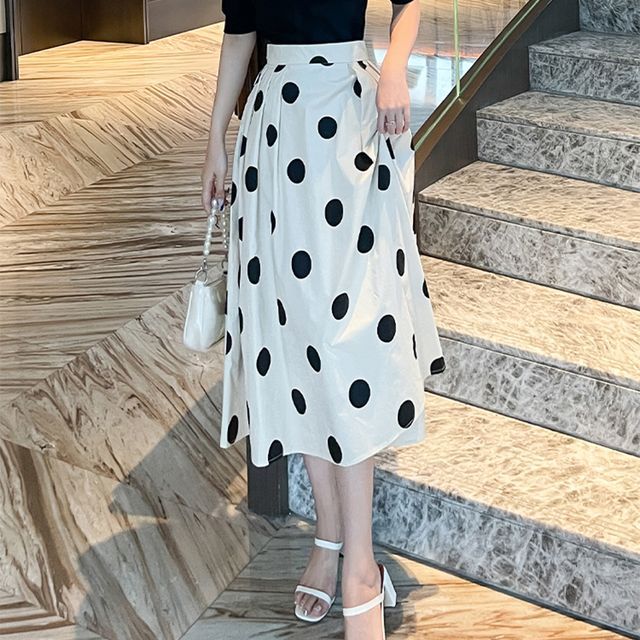 Everose-Dotted Midi A-Line Skirt