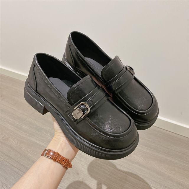 Anran-Platform Plain Buckled Faux Leather Loafers