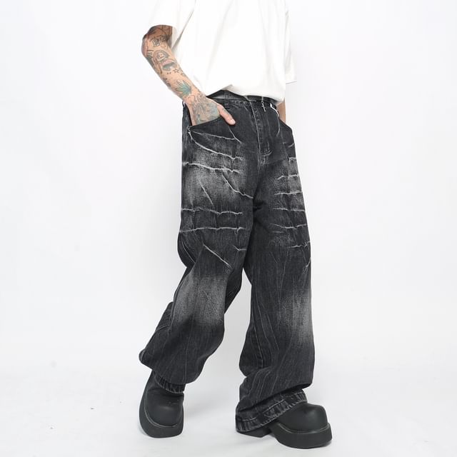 Derbundy-Mid Rise Washed Straight Leg Jeans