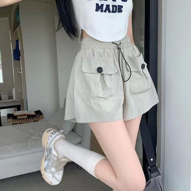 Everose-Drawstring Waist Plain Cargo Shorts