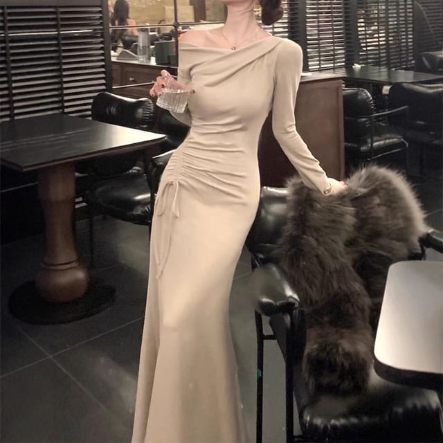 innomori-Cold-Shoulder Asymmetrical Plain Drawstring Midi Mermaid Dress