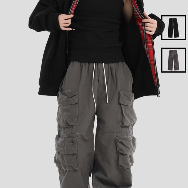 INStudio-Drawstring Waist Plain Wide Leg Cargo Pants