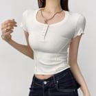 Overing - Short Sleeve Half-Button Plain Ribbed-Knit Slim-Fit Crop Top ...