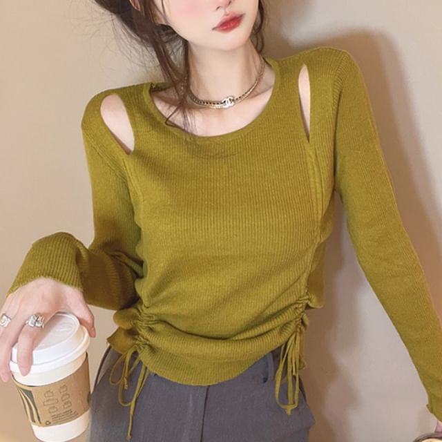Bigfol-Scoop Neck Plain Cutout Drawstring Sweater