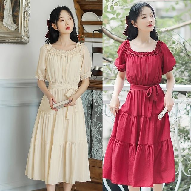 knee length dresses for ladies Petal and Pup Women's Domenica Shirred Long Sleeve Midi Dress - Red Floral Bandana main image 0