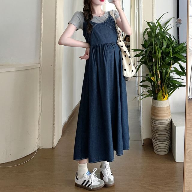 Rosy Street - Maternity Spaghetti Strap Washed Midi A-Line Denim Pinafore Dress
