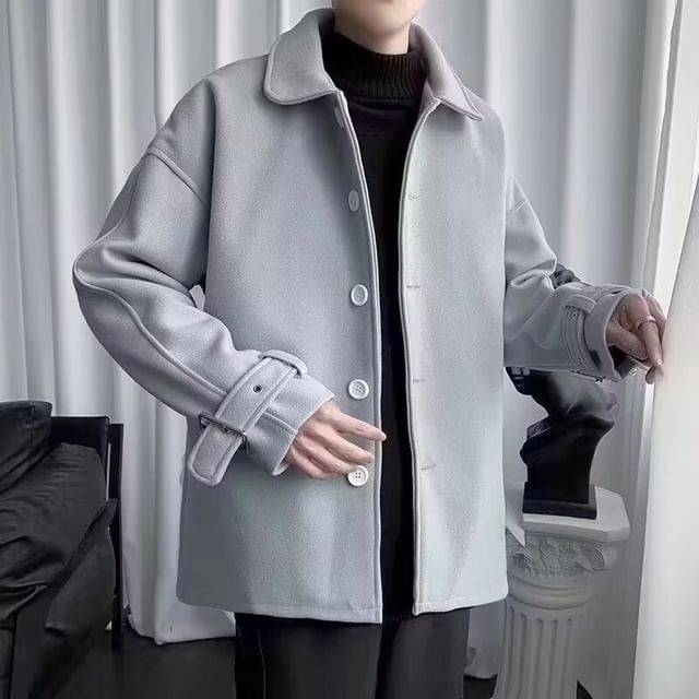Femilina-Collar Plain Button Jacket