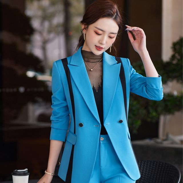 Skyheart - Two-Tone Double-Breasted Blazer / Plain Bootcut Dress