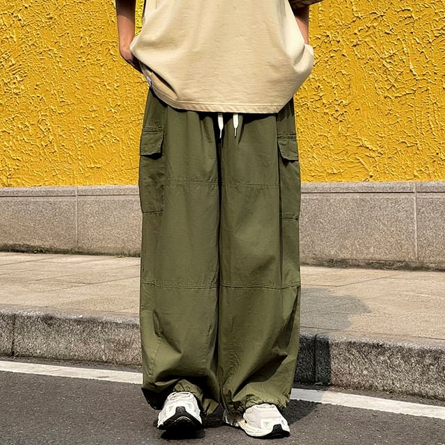 Giuliana-Drawstring Waist Plain Wide Leg Cargo Pants