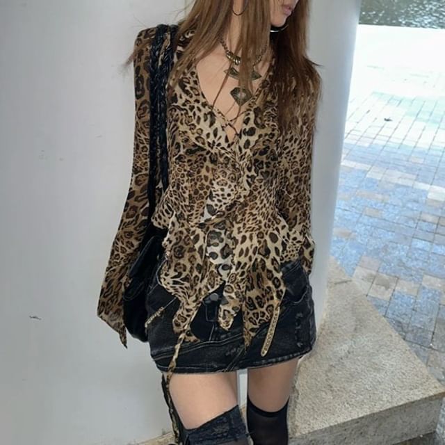 Jerolenea-Long-Sleeve V-Neck Leopard Print Asymmetrical Ruffle Trim Blouse