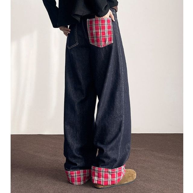 Kimeya High Waist Plaid Panel Wide Leg Jeans YesStyle