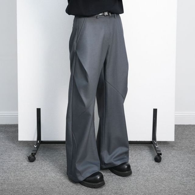 Nightbell-Mid Rise Plain Wide Leg Pants