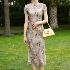 Luxury Style - Floral Print Short Sleeve Midi Qipao