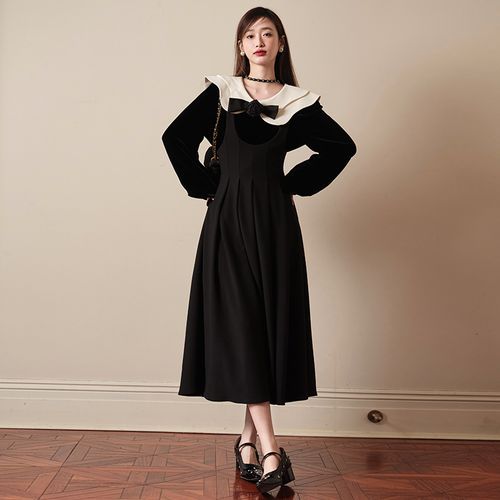 Sothine Long Sleeve Contrast Collar Blouse Plain Midi A Line Pinafore Dress YesStyle