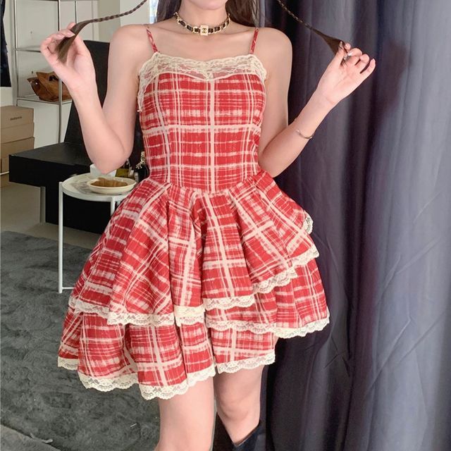 Sisyphi Spaghetti Strap Lace Trim Plaid Layered Mini A-Line