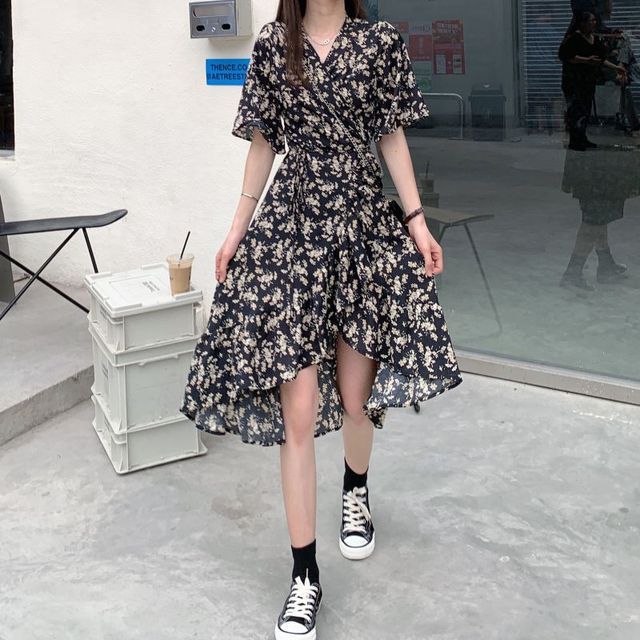 Luna Rouge - Short-Sleeve Floral Printed Asymmetrical Hem Midi Dress |  YesStyle