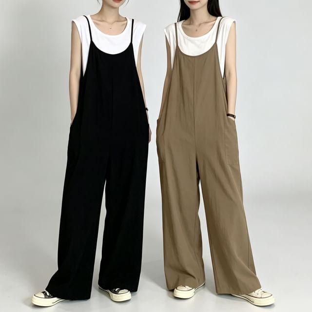 Synclo-Spaghetti Strap Plain Wide Leg Overalls