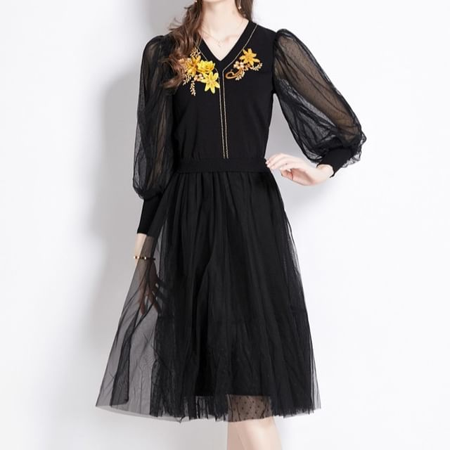 mesh puff sleeve midi dress Puff-Sleeve Square-Neck Mesh Midi Dress