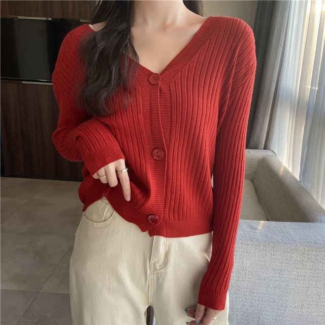 Sisyphi-V-Neck Plain Ribbed Cardigan