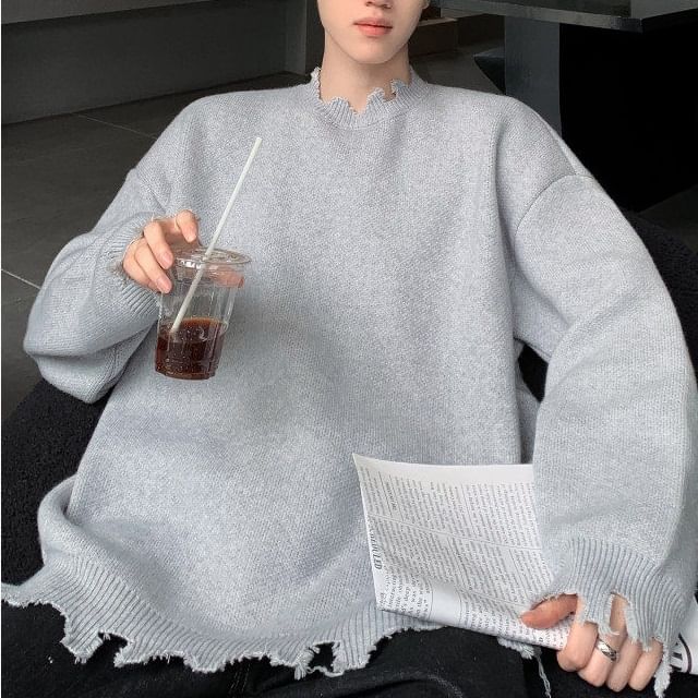 Orungeetun-Crew Neck Plain Distressed Sweater