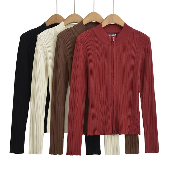 Asiris-Zip-Up Ribbed Plain Cardigan