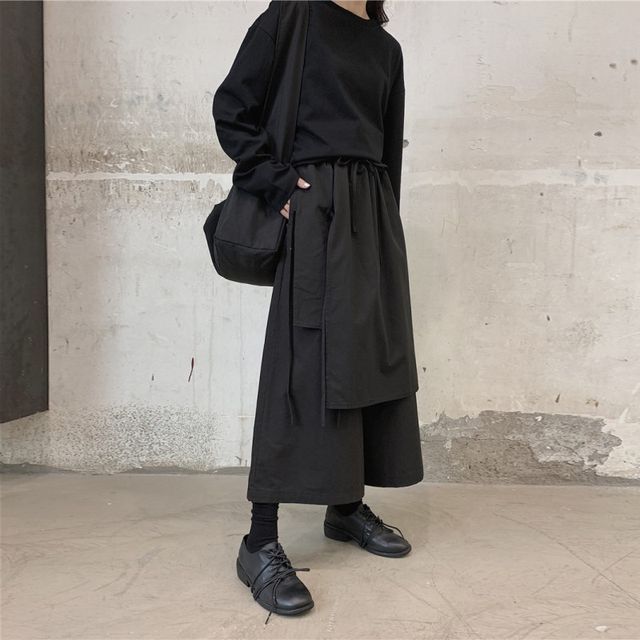 SIMPLE BLACK-Drawstring Waist Plain Cropped Culottes