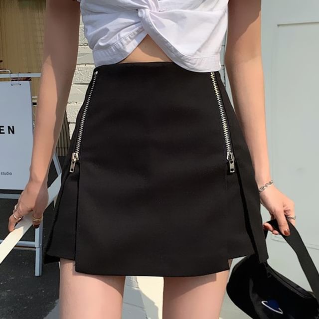 monroll-High Waist Plain Zip Slit Mini A-Line Skort