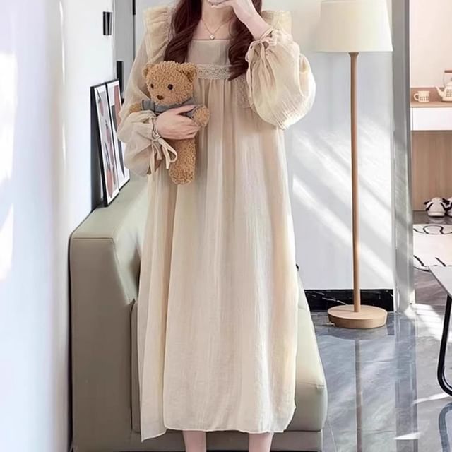 GOUB-Long Sleeve Square Neck Plain Ruffle Panel Pajama Dress