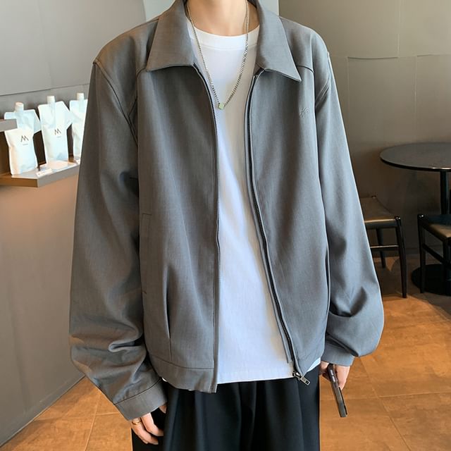 Plummie-Collared Plain Zip Jacket