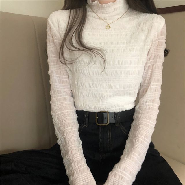 Everose-Long-Sleeve High Neck Plain Shirred Lace Top