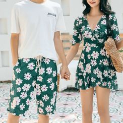 Salanghae - 情侶款短袖V領碎花泳裙/游泳短褲 Salanghae - 情侶款短袖V領碎花泳裙/游泳短褲
