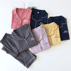 Dogini - Pajama Set: Long-Sleeve Contrast Trim Top + Pants