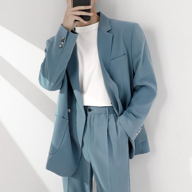 Orungeetun-Lapel Collar Plain Double Breasted Blazer