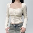 Honet - Long Sleeve Square-Neck Lace-Trim Slim-Fit Crop Top | YesStyle
