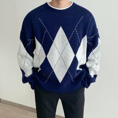 Seoul Homme - Round-Neck Oversized Argyle Sweater Seoul Homme - Round-Neck Oversized Argyle Sweater