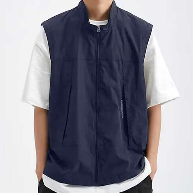 Dukakis-Stand Collar Zip-Up Plain Vest