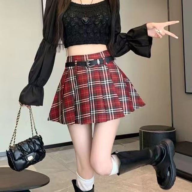 Everose-High Waist Plaid Mini A-Line Skirt