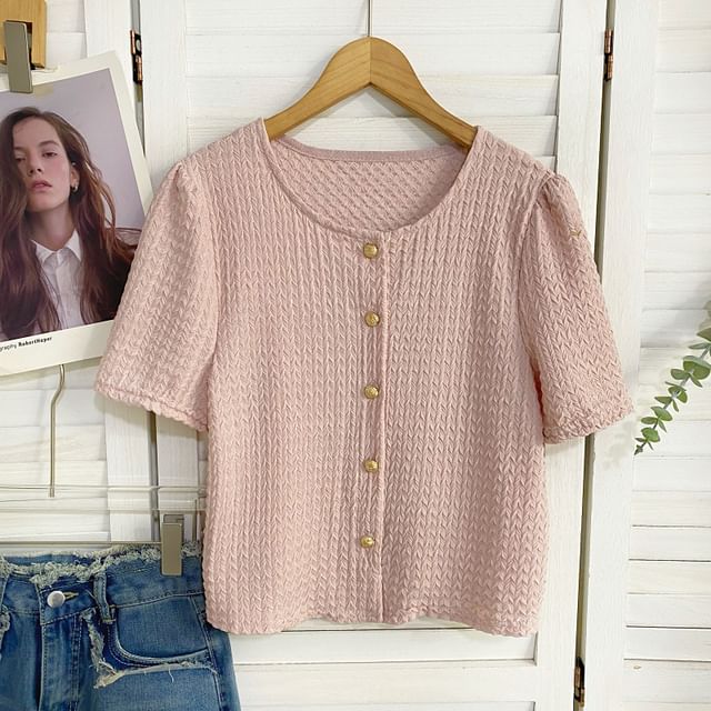 Iasia-Short-Sleeve V-Neck Button-Up Top