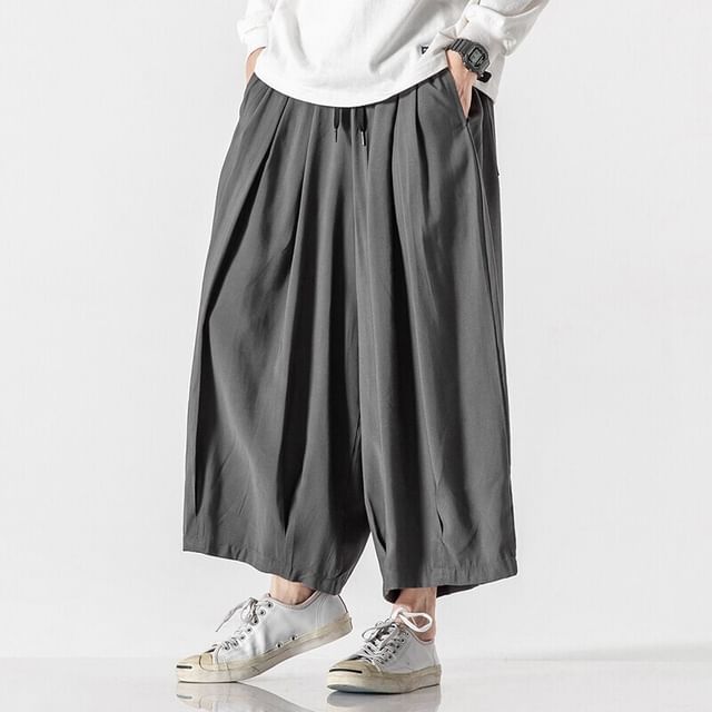 Ninine-Drawstring Waist Plain Cropped Wide Leg Pants