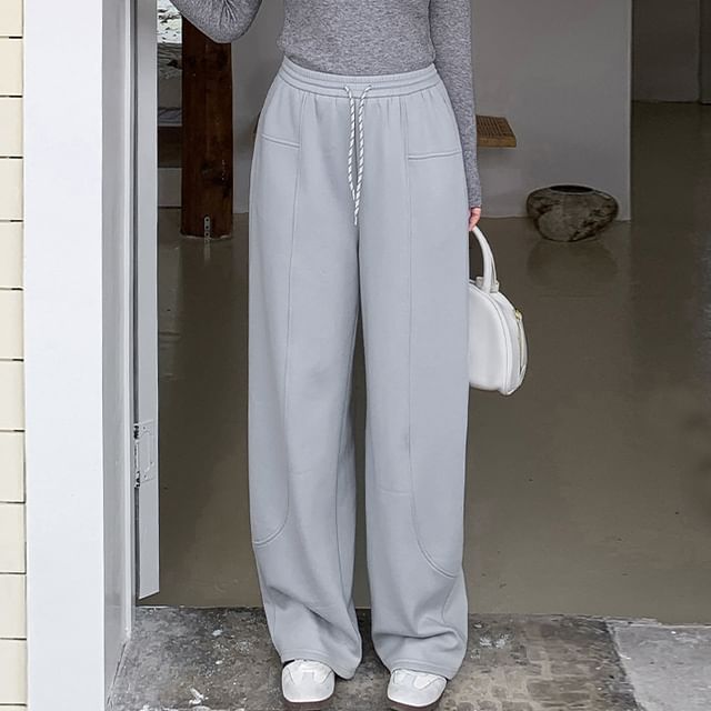 Appelsin-Drawstring Waist Plain Fleece-Lined Wide Leg Sweatpants