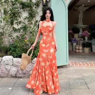 Faiar Halter Floral Open Back Maxi A-Line Sundress Sale