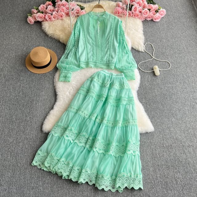 Moanum-Set Balloon Sleeve Stand Collar Plain Panel Blouse High Waist Tiered Maxi A-Line Skirt