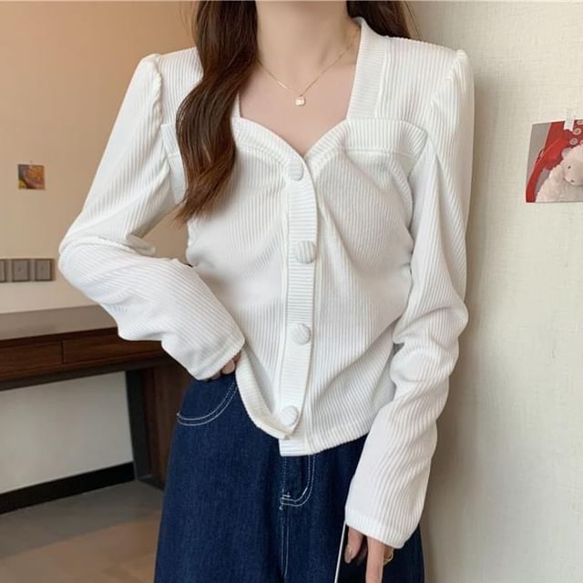 Sisyphi-Long-Sleeve Plain Button-Up Ribbed Knit Top