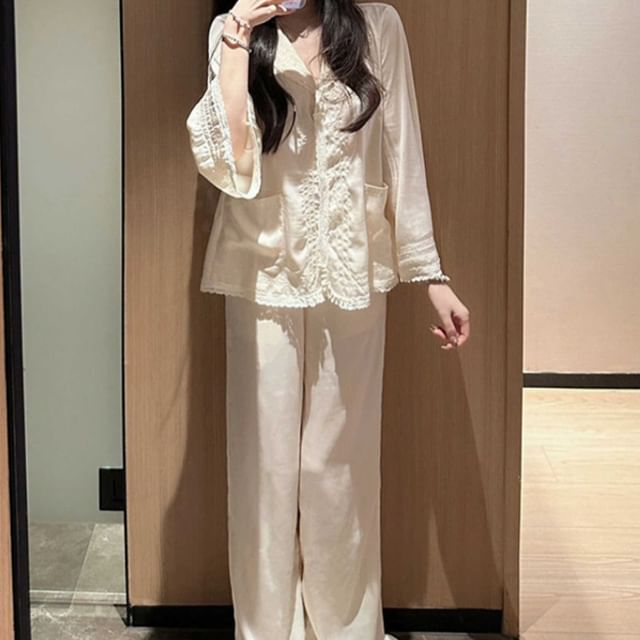 GOUB-Plain Lace Trim Pajama Set