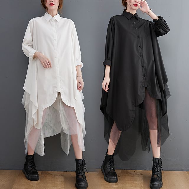 Lewwe-Mock Two-Piece Long-Sleeve Collared Asymmetrical Mesh Panel Button-Up Midi Tunic Dress