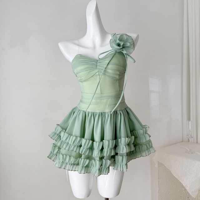 Lucuna-Strapless Plain Ruffle Mini A-Line Dress