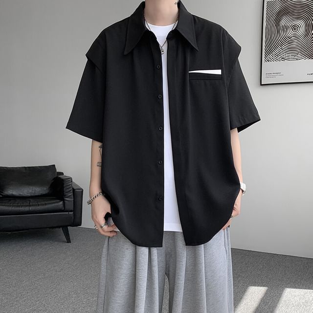 FOEV-34-Sleeve Two Tone Button-Up Shirt