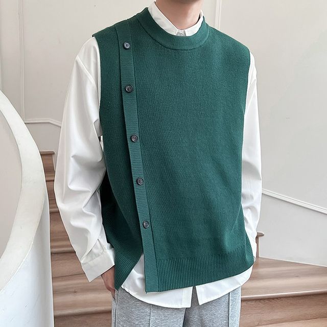 Nightbell-Crew Neck Plain Asymmetrical Button-Up Sweater Vest